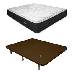 DUÉRMETE ONLINE Pack économique lit Complet Matelas viscoélastique Visco Duo réversible + Base tapissée 3D renforcée, 5 Barres de Renfort et valves de Ventilation avec 6 Pieds, Chocolat, 135x200