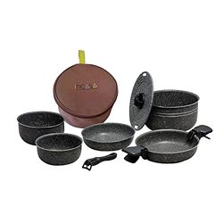 Beaver Brand Camping kookgerei Dolomia Plus, 10-delig granietgrijs, aluminium, 1 pan 22 cm, deksel, 2 braadpannen, 3 handgrepen, 1 tas