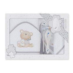 Amazon - Cape de bain avec capuche, Love blanc et gris - 100% coton -et Ensemble Brosse à Cheveux et Peigne