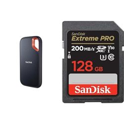 SanDisk 2TB Extreme Portable SSD, USB-C USB 3.2 Gen 2, External NVMe Solid State Drive & 128GB Extreme PRO SDXC card + RescuePRO Deluxe, up to 200MB/s, UHS-I, Class 10, U3, V30