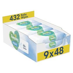 Pampers Harmonie Aqua Baby Wipes 9 Packs of 48 Wipes = 432 Baby Wet Wipes, Help restore natural skin pH,delicate lotion with 99% water