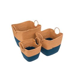 Juego de 3 cestas portaobjetos para habitación – Juego de 3 cestas para revistas y juguetes para salón, de mimbre, 37 x 32,5 x 36 cm, 32 x 28 x 29,5 cm, 26,5 x 23 x 25 cm, azul y beige