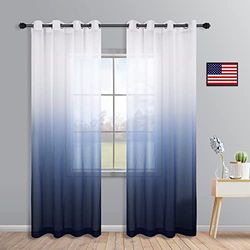 Cortinas azul marino de 84 pulgadas para sala de estar, juego de 2 paneles con ojales, semitransparentes, diseño náutico, lino sintético, cortinas azul marino degradadas para niños, dormitorio,