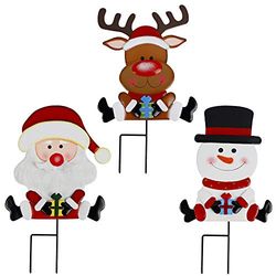Lulu Home Confezione da 3 cartelli natalizi in metallo, con pupazzo di neve, Babbo Natale, renna, paletti decorativi da giardino per vacanze, cortile, prato, decorazione esterna