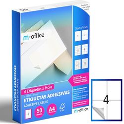 M-office Etiquetas Adhesivas A4 compatible con Label Printer, Pegatinas Blancas Adhesivas para Uso Diario, Papel Adhesivo para Imprimir, Pegatinas para Escribir (4 por hoja, 50h)
