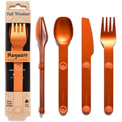 MAGWARE Magnetic Camping Utensils - Light Aluminum Travel Silverware with a Case for Camping, Picnic, Office & Your Cool Kid's Lunchbox | Pocket-Sized Cutlery | Set of Knife, Fork & Spoon (Orange)
