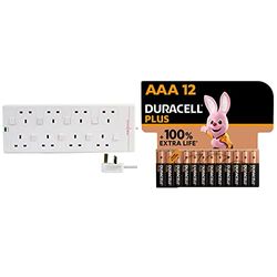 Pro Elec 2818NS 1 m 1 m 8 Way Individually Switched Surge Protected Extension Lead, White & Duracell Plus AAA Alkaline Batteries [Pack of 12], 1.5V LR03 MN2400