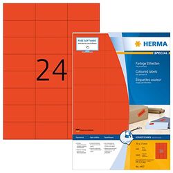 HERMA 4407 Self Adhesive Coloured Labels, 24 Labels per A4 Sheet, 1400 Sheets, 70 x 37 mm, 33600 Labels, Blank Colour Labels Stickers, Sticky Labels for Laser & Inkjet Printer, Red