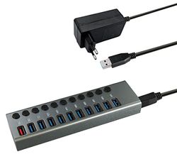 Transmedia CH 12 L USB HUB 3.0, 11 poorten met schakelaar en LED-indicator, inclusief 12V/4A voeding, 10x gegevensoverdracht en 1x snellaadfunctie, geschikt voor laptop en pc