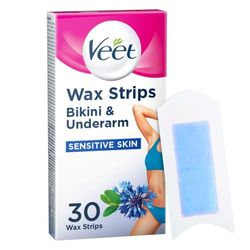 Veet Bikini & Underarm Cold Wax Strips, 30 Count, Brazilian Hair Removal, Sensitive Skin, Smooth Finish, Ideal Eyebrow Shaping, Gentle Waxing Solution