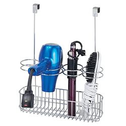 mDesign Porte-sèche-cheveux sans perçage - Grande étagère de porte pour sèche-cheveux - Organiseur de salle de bain optimal pour fer à friser, fer à lisser et sèche-cheveux - Argenté
