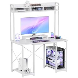 JUMMICO Escritorio para Videojuegos, 120 x 60 x 162 cm, Escritorio para Ordenador con Estante y Soporte para Monitor, Mesa de Ordenador para Oficina en casa, Color Blanco