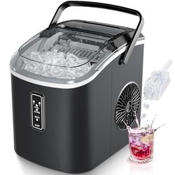 EUHOMY Small Ice Maker Machine - Ready in 6 Minutes, Produces 9 Cubes, 12 Kg/Day, Self-Cleaning, Portable Ice Maker with Handle, Basket, and Scoop, 2 Ice Cube Sizes for Home, Kitchen, Black