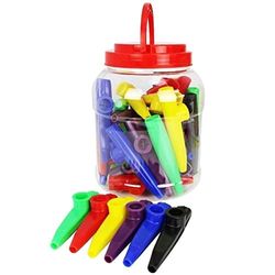 A-Star plastic meerkleurige Kazoos - pak van 40 stuks - in plastic bak met handvat