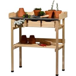 dobar® Table à Plantes avec 3 tiroirs et étagère de Rangement, en Bois Massif, avec Capuchons de Protection, Table de Jardin d'extérieur avec Plan de Travail galvanisé, 78 x 38 x 88 cm, Naturel