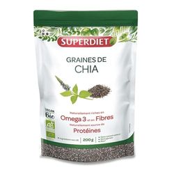 SUPERDIET - GRAINES DE CHIA BIO - Source de Protéines & Riches en Fibres et en Omega 3 - Sachet de 200g
