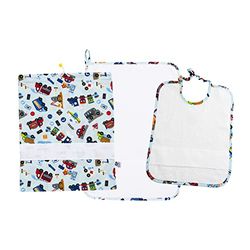 FILET - Ensemble Trois Pièces Jardin d'Enfants avec Toile Aida à Broder, Composé de un Sac, une Serviette et un Bavoir en Tissu Éponge Blanc, 100% Coton, Made in Italy, Fantaisie Voitures Fond Bleu