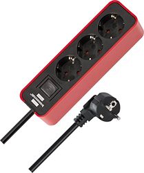Brennenstuhl Extensão de tomadas com 3 tomadas de corrente (cabo de 1,5 m, com interruptor) cor vermelha/preto
