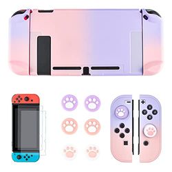 DLseego Beschermhoes set, compatibel met Nintendo Switch Cover met harde PC shell anti-kras grip + 2 gehard glas scherm Proctector + 6 schattige kat poot duimgrepen caps, kleurverloop roze violet