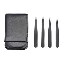 Amazon Basics Set of 4 Pack Professional Stainless Steel Tweezers for Facial Hair, Eyelash, Eyebrow or Ingrown Hair, with Travel Case, Black (Previously AmazonCommercial brand)