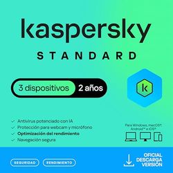 Kaspersky Standard Anti-Virus 2025 | 3 dispositivos | 2 años | Seguridad Avanzada | Protección Bancaria en línea | Optimización del rendimiento | PC/Mac/Móvil | Código por email