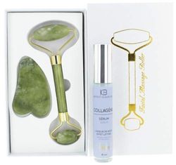 Gua-Sha JADE Roller + Siero per collagene (15 ml) per il viso, rullo per il massaggio con raschietto Gua Sha, può essere efficace contro le rughe