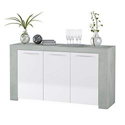 Habitdesign Aparador, Buffet moderno, armário auxiliar sala de jantar, modelo Ambit, cor branca Artik e cinza, medidas: 144 cm (largura) x 80 cm (altura) x 42 cm (profundidade)