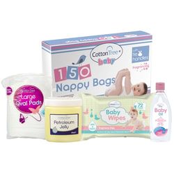 Cotton Tree Baby Care Starter Set, 150 Nappy Bags, Baby Wipes, Baby Oil, Petroleum Jelly & Large Oval Pads
