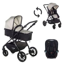 Nurse Track, 2-in-1 kinderwagen + draagzak, hangmat converteerbaar tot reiswieg, compact opvouwbaar, met regenhoes en tas, beige