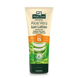 Aloe Pura Aloe Vera Sun Lotion SPF 15, Naturale, Vegano, Non testato sugli animali, Senza Parabeni e SLS, Protezione Duratura, Protezione Media, 200ml