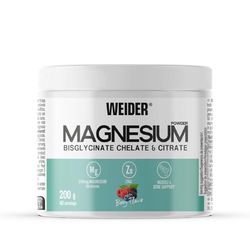 Weider Magnesium Powder (200g) Sabor Frutos Rojos, 250mg /porción Bisglicinato y Citrato de Magnesio en polvo con Zinc, Ayuda músculos y huesos, Reduce Cansancio, Sin Azúcar Añadido, Vegan, 40 dosis