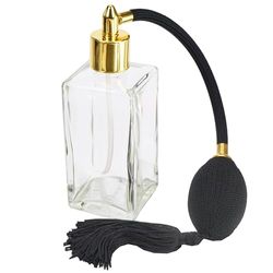 Fantasia Parfum flacon leeg 100 ml met bal verstuiverpomp, helder glas fles hoekig, om zelf te vullen met parfum, navulbaar voor 100 ml, met balpomp