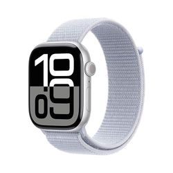 Apple Watch Series 10 GPS + Cellular 46 mm Smartwatch con cassa in alluminio Argento e Sport Loop Nuvola azzurra - One Size. Fitness tracker, app ECG, display Retina always-on, resistente all’acqua