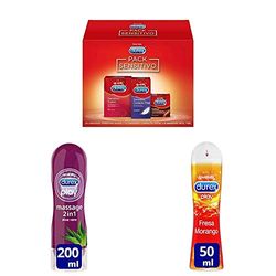 Durex Pack 39 preservativos Sensitivos (24 suave, 12 contacto total, 3 RealFeel) + 2 Lubricantes (1 Aloe Vera 200ml y 1 Fresa 50ml) + 1 Gel masaje