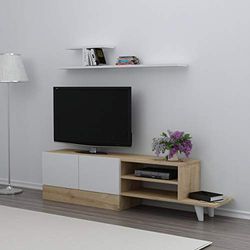 Homemania DRN01 Derin TV-ställ med hylla, dörrar, hyllor för vardagsrum vit, ek i trä, 159,5 x 31,5 x 40 cm