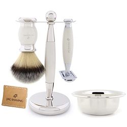 Jag Shaving Ivory - Kit de afeitado para hombre con doble filo de seguridad de afeitar, cepillo de afeitar de pelo sintético, cuenco, soporte y funda de piel para afeitar