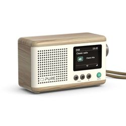 Pure Classic Mini Radio Digital Portátil Dab+ y FM con Bluetooth 5.3, Batería de 15 Horas, Pantalla a Color de 2,4", Correa de Transporte, Blanco Algodón/Roble