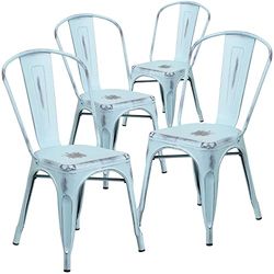 Flash Furniture Meubles Flash Chaise en métal Vieilli, Bleu-Vert, Lot de 4