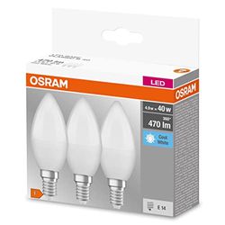 OSRAM LED BASE Classic B40, LED-lampa med frostat glödtråd i glas för E14-sockel, ljusform, kallt vitt (4000K), 806 lumen, ersätter vanliga 40W-lampor, låda med 3 st.