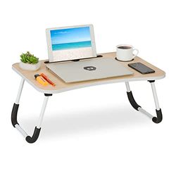 Relaxdays Laptoptisch mit Getränkehalter Mesa para Portátil Sofá, Plegable, Soporte Tablet, Portabebidas, Bandeja Cama, 26 x 63 x 40 cm, Natural/Blanco, Hierro