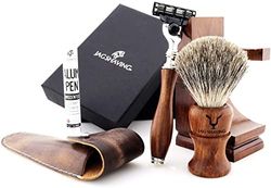 Jag Shaving Juego de afeitado sostenible de 4 piezas de madera – Super Dachshaar Brocha de afeitar – 3 cuchillas de afeitar – Soporte de afeitado – Funda de piel para maquinilla de afeitar
