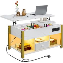 YITAHOME Tavolino da salotto con altezza regolabile, tavolino multifunzione 4 in 1 con spazio e illuminazione a LED, tavolino da caffè si trasforma in un tavolo da pranzo per il soggiorno, marmo