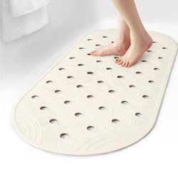 SelfSuite Rubber Bathtub Mat Shower Mat Non-Slip, 31x14 Inch, Bath Tub Floor Mat with Suction Cups and Drainage Holes, Ivory White
