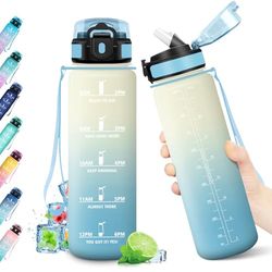Drinkfles, 1 liter, waterfles met rietje, motiverende drinkfles, herbruikbaar, BPA-vrij, lekvrij, met tijdmarkeringen voor fitness, studenten, kantoor, sport
