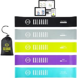 Kalahari Bandas Elásticas Fitness más ebook Ejercicios en Español y Bolsa – Set de 5 Cintas Elasticas Musculacion con Diferentes Niveles de Resistencia para Entrenamiento, Gimnasio en casa, Pilates