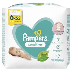 Pampers Sensitive Chusteczki Nawilżane dla Niemowląt i Dzieci, 312 Sztuk (6 x 52), Bezzapachowe, do Delikatnego Oczyszczania, Nadają się Również Do Rąk i Twarzy