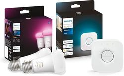 Philips Hue White & Color Ambiance Starter Kit 2 Lampadine Smart, Attacco E27, Luce Bianca e Colorata Dimmerabili, 9W, Hue Bridge incluso, Controllo Vocale