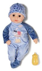 Baby Annabell Alex, soft 36cm baby doll with fabric body, with blue romper and sleeping eyes, incl. bottle