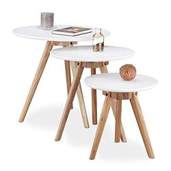 Relaxdays Side Table Set of 3 Walnut Set 3 Mesas auxiliares nórdicas redondas, madeira de nogueira-DM, branco-castanho, 32, 40, 50 cm de diâmetro, 50 x 50 x 46 cm
