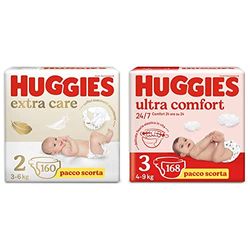 Huggies Extra Care Bebè Pannolini, Taglia 2 (3-6Kg), Confezione da 160 Pannolini & Pannolini Ultra Comfort, Taglia 3 (4-9 Kg), Confezione da 168 Pannolini